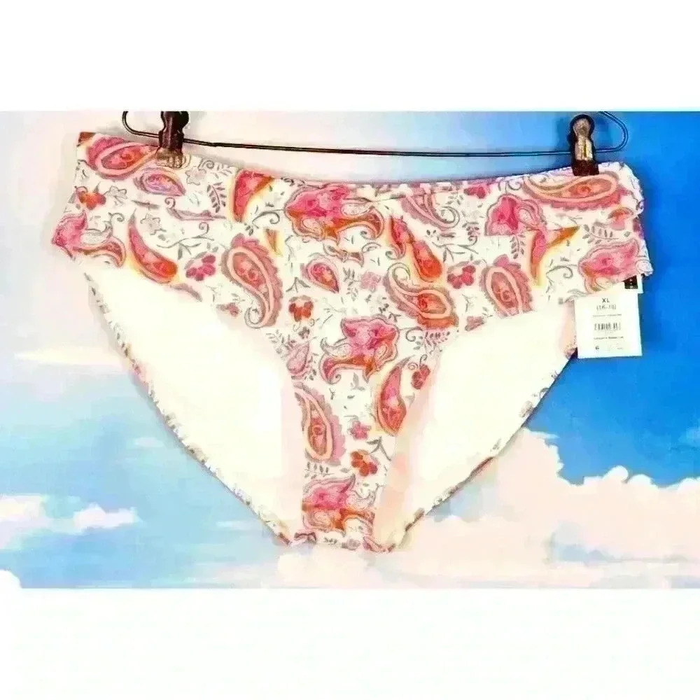 NWT TIME & TRU Bikini PINK Print Bottom LINED Mid Rise Swim Bathing suit size XL
